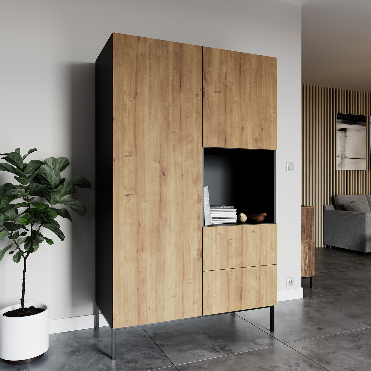 Dulap pentru haine ELTAP, Lanzzi, 120x60x200 cm, MDF laminat, negru/stejar - imagine 7